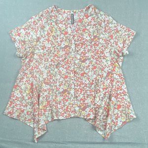 Penningtons Blouse Womens 2X Button Down Floral Orange White Tunic‎ Flowy V-Neck